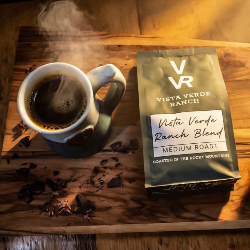 Image of Vista Verde Ranch Blend bag and cup of coffee