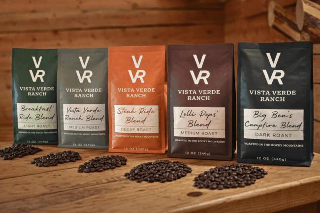 The Vista Verde Ranch Coffee Lineup Vista Verde coffee blends from left to right: Breakfast Ride Blend, Vista Verde Blend, Steak Ride Blend, Lolli Pops' Blend, and Big Ben's Campfire Blend