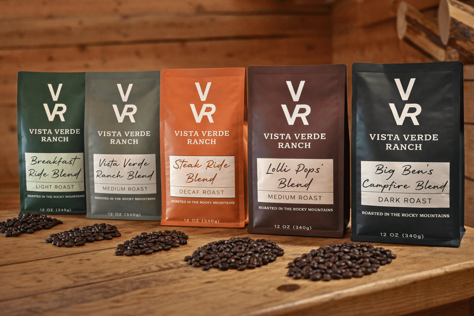 Vista Verde coffee blends from left to right: Breakfast Ride Blend, Vista Verde Blend, Steak Ride Blend, Lolli Pops' Blend, and Big Ben's Campfire Blend