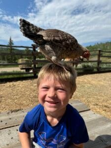 kids with a chicken on his head